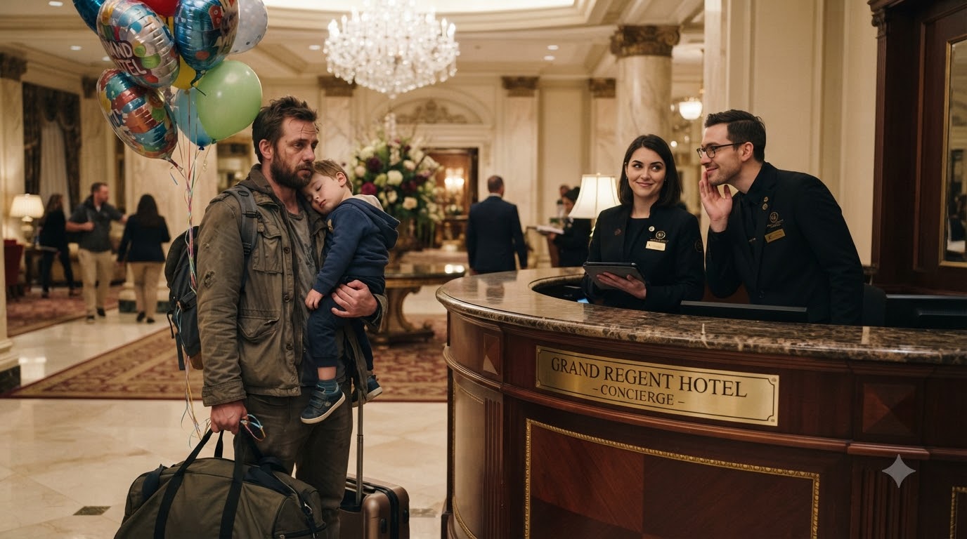 Standing In The Grand Lobby Of The Grand Regent, Two Staff Members Smirked At A Weary Man Holding A Sleepy Child And A Bunch