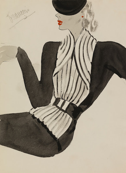 Ensemble 2 pièces noir avec bordure blanche travaillée en bandes 1938