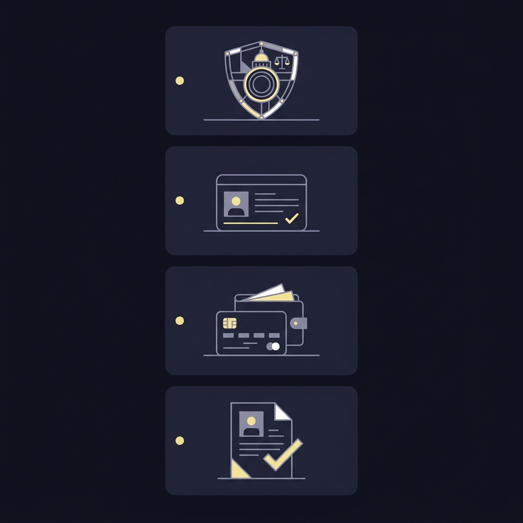 Minimal 2D vector fintech checklist with regulator badge ID card payment icon and evidence document in Funded Plays palette 1xbetonline