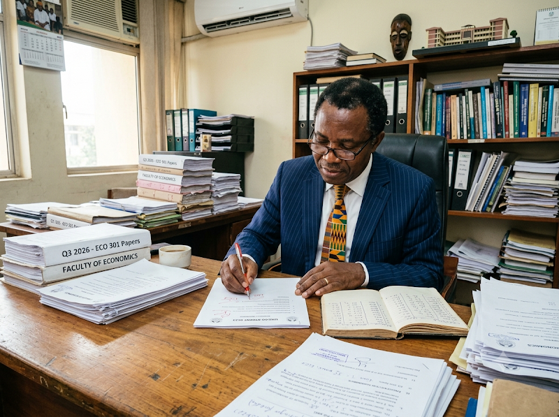 A lecturer reviewing examination scripts