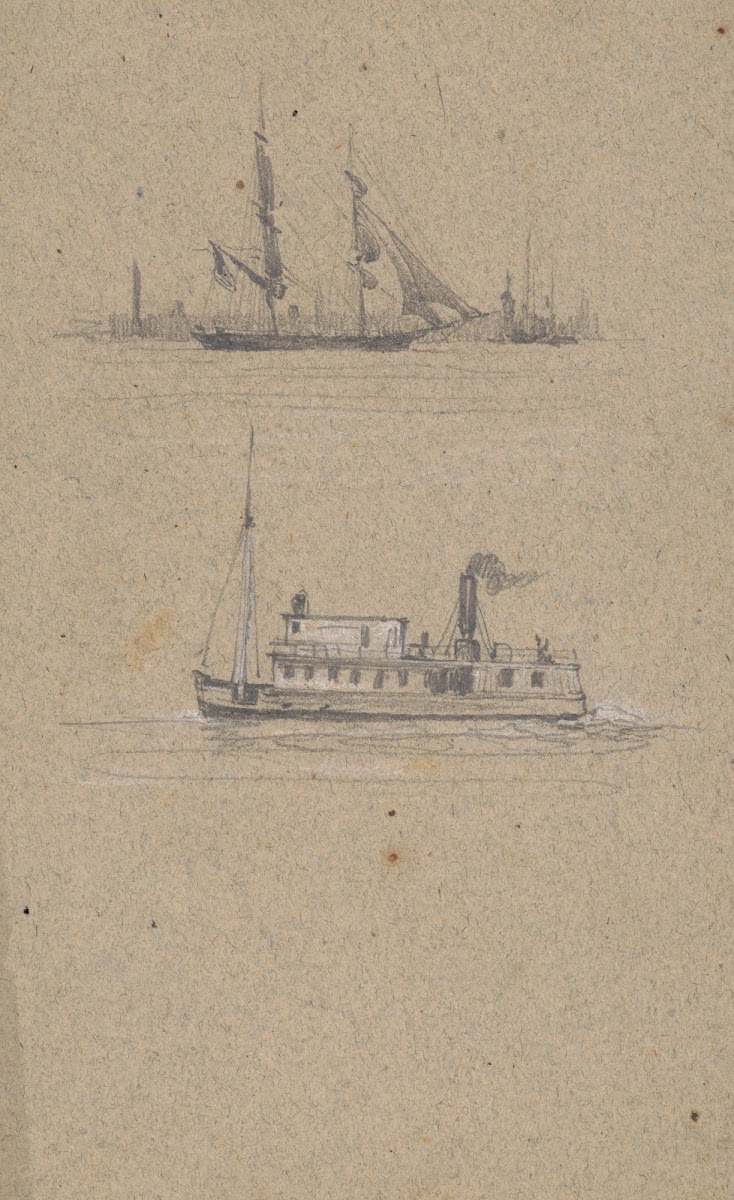 Study sketches of two ships  a sailing ship and a steamship possibly a ferry 184