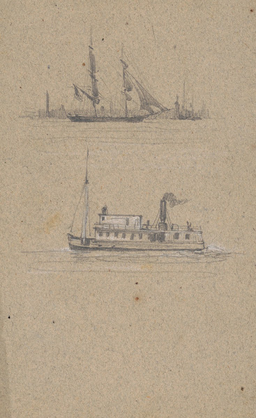 Study sketches of two ships  a sailing ship and a steamship possibly a ferry 184