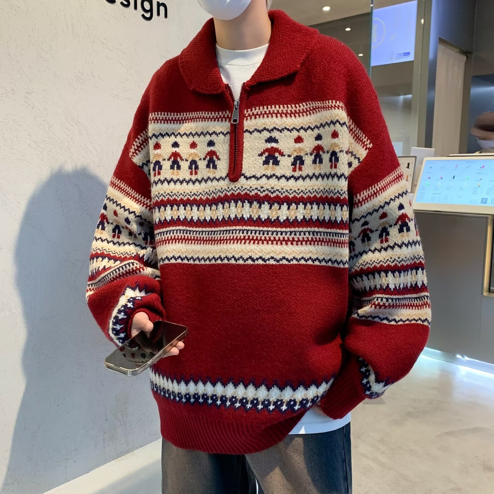 Unisex Strickpullover mit Reißverschluss und Schneemann-Motiv