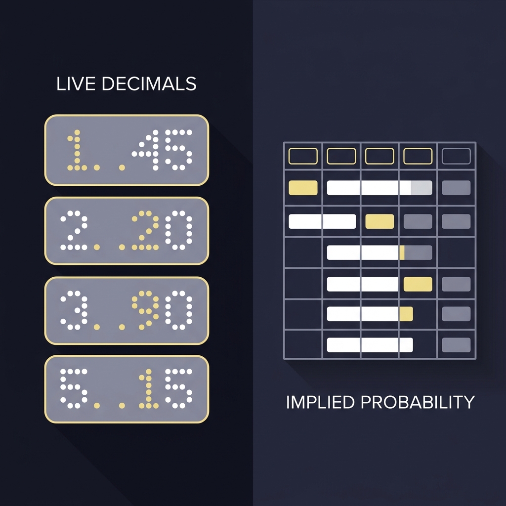Minimalist 2D vector split screen showing a live decimal odds board and a spreadsheet calculating implied probabilities for an asian sportsbook dark themed interface