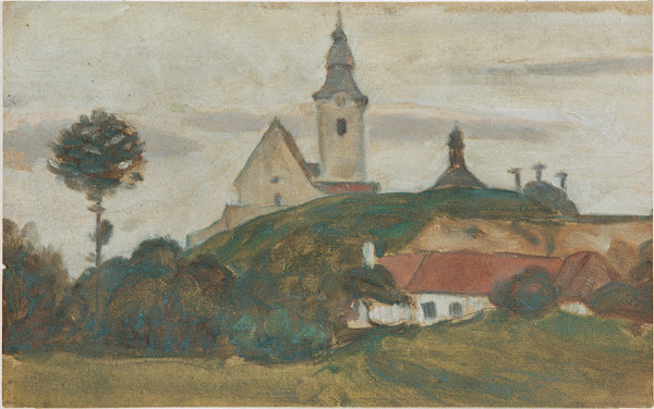 Landschaft mit Kirche und Dorf 1922