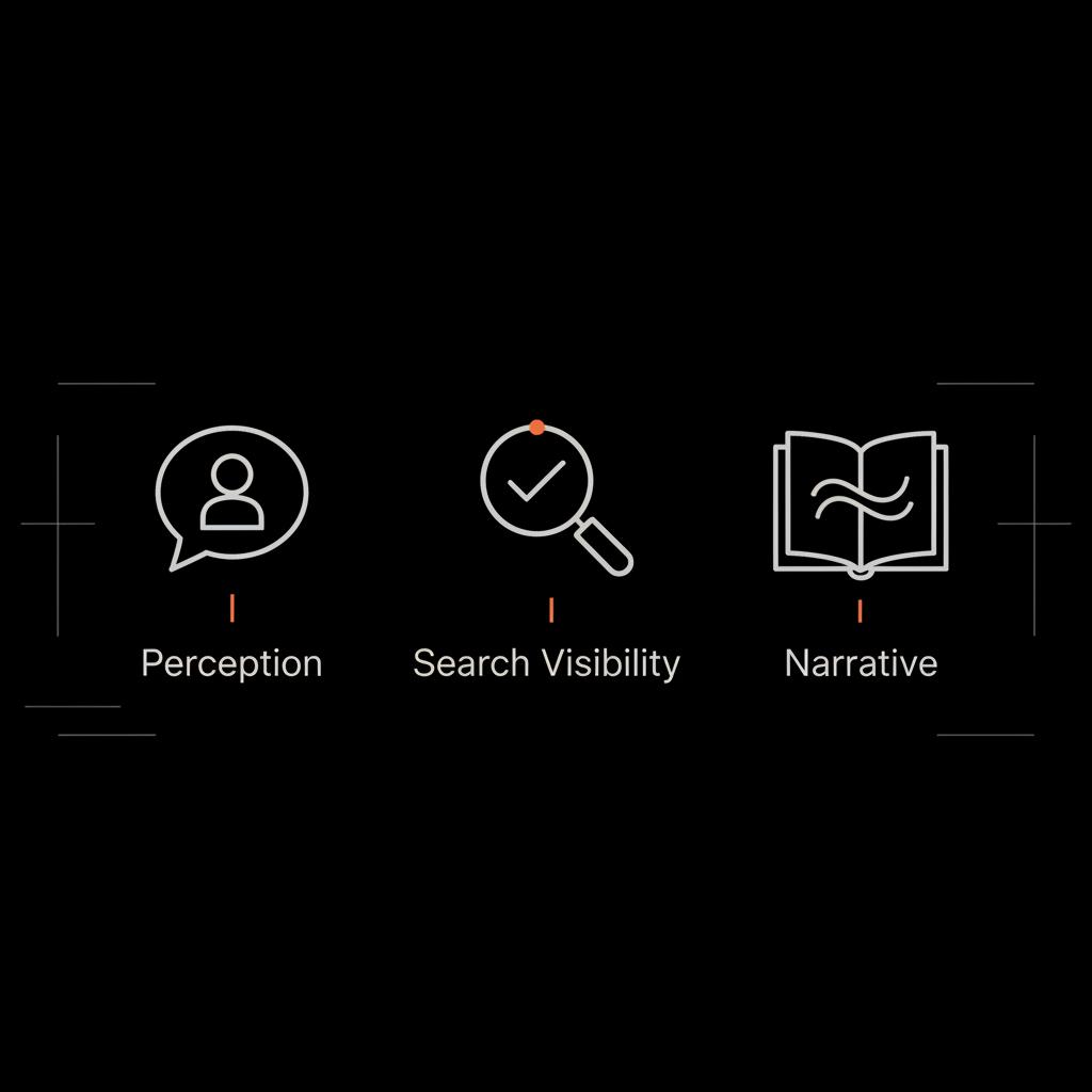Minimal infographic showing three impacts of a bad review: perception, search visibility, and narrative, on a black background with gray icons, light text, and orange accents.
