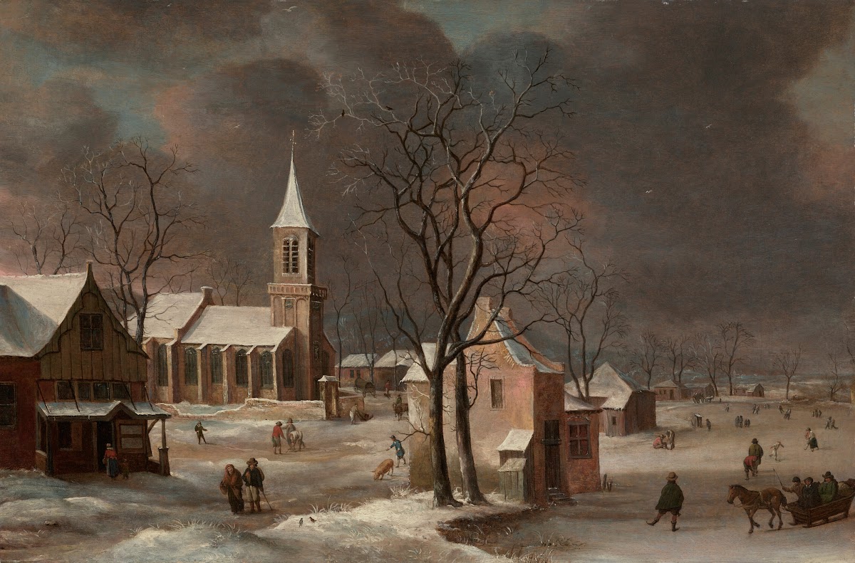 A winter landscape with iceskaters and a church beyond