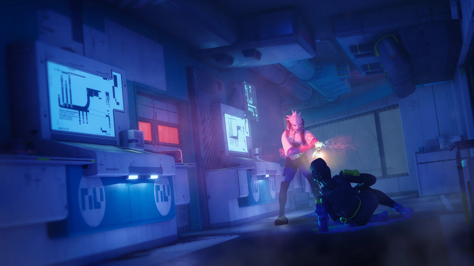 Neon Battle In Sci-Fi Lab - Digital Cyberpunk Art 4K Wallpaper (3840x2160)