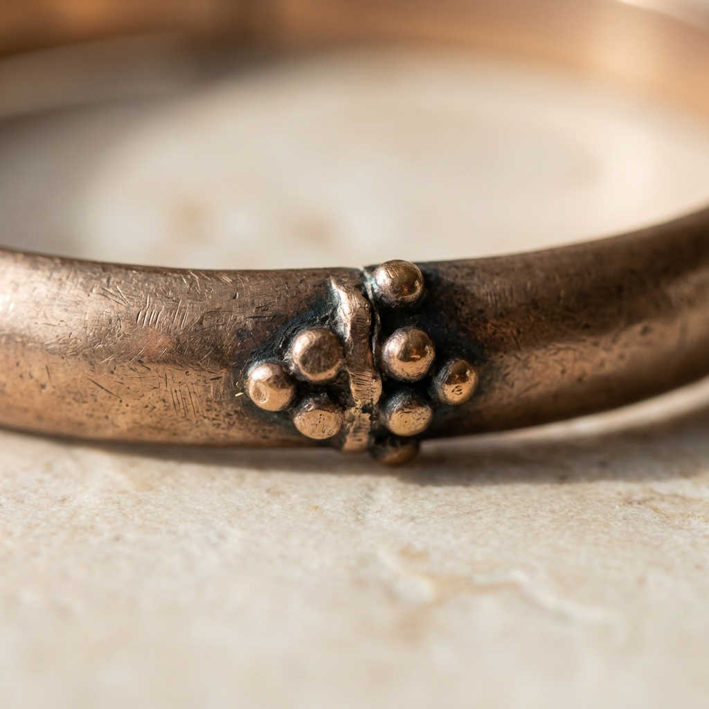 Macro close up of an ancient roman bracelet solder join and granulation on gold showing tool marks and warm patina against a pale beige background