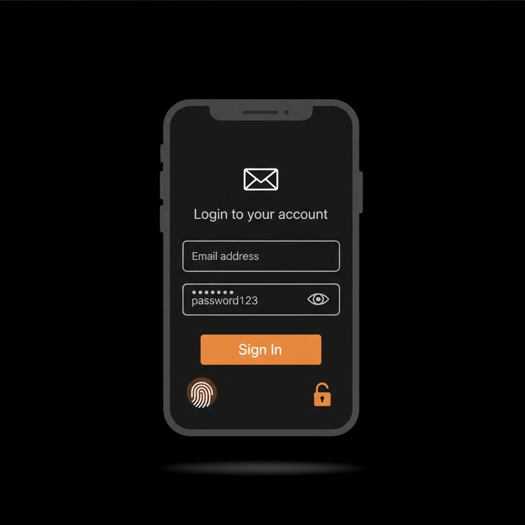 Minimal vector smartphone showing password revealed after biometric unlock on black background with #dc5c2b highlights — find Gmail password