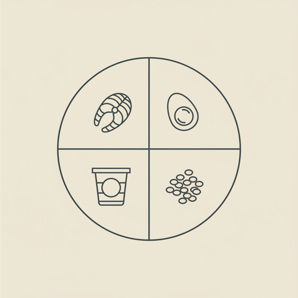 Minimalist Tonum-style line illustration of a divided plate with fish, egg, yogurt tub and lentils — how to get 150g of protein a day without protein powder.