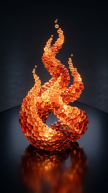 Abstract Glowing Voxel Flame Made of Cubes 3D Render - Free mobile Wallpaper
