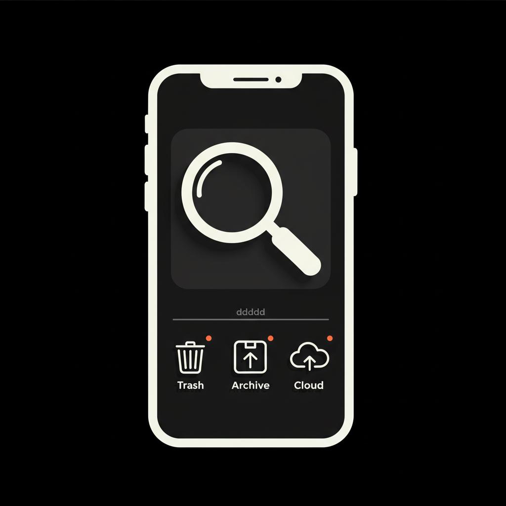 Minimal vector infographic of a modern smartphone screen with a mail-search magnifier and Trash, Archive and Cloud icons in brand colors — recover lost email