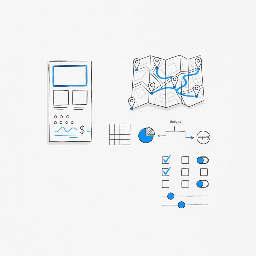 Notebook-style line-art sketch of a property listing card, clustered map pins and checkbox filters illustrating how much does a real estate website cost in a clean minimalist layout.