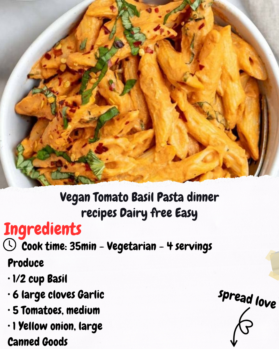 Vegan Tomato Basil Pasta dinner recipes Dairy free Easy