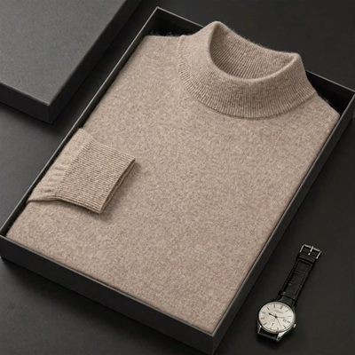 Men's wool sweater with roll neck, simple and warm