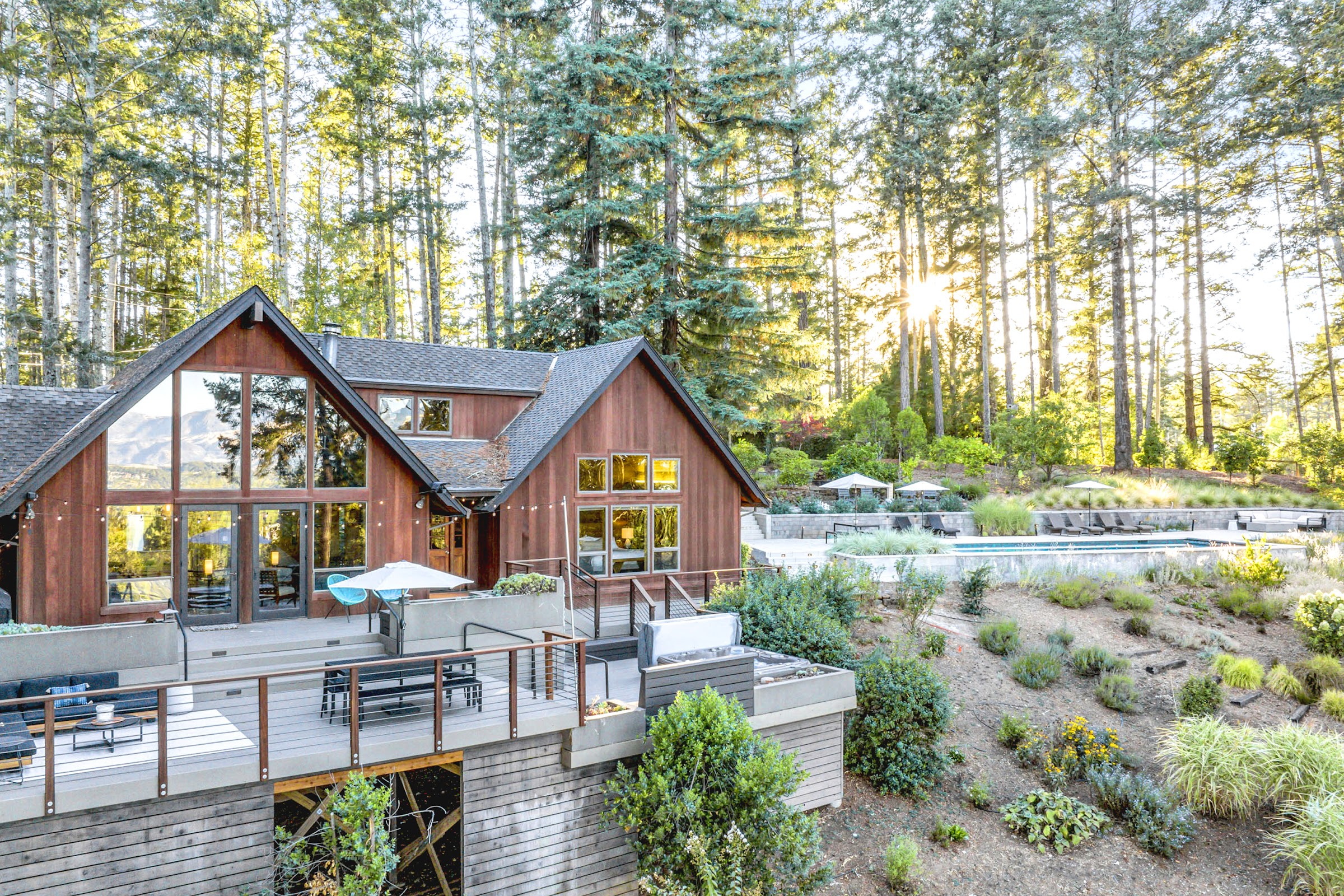 Casa de Lucca aerial pool redwoods