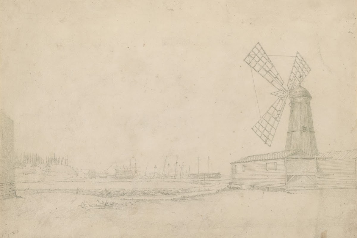 Scene with windmill on right Brooklyn Navy Yard to left 1809 1844