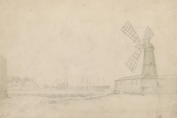 Scene with windmill on right Brooklyn Navy Yard to left 1809 1844