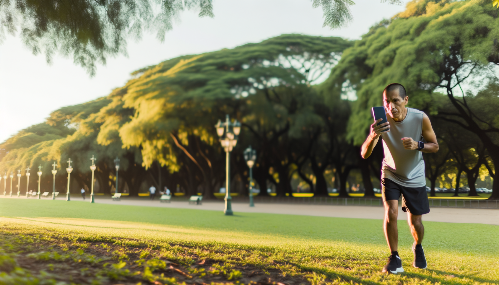 Runner revisando app de running en su celular mientras corre en un parque de Buenos Aires