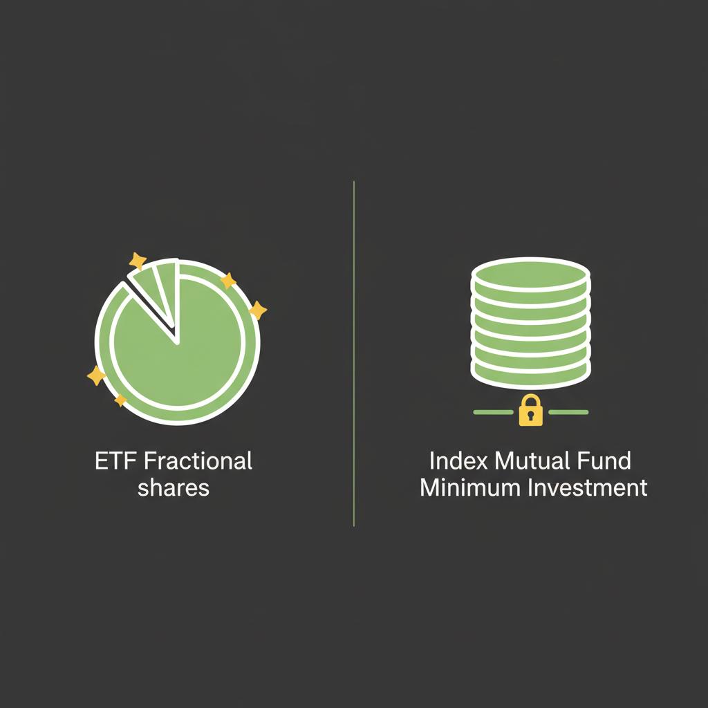 Minimal vector comparison showing ETF fractional shares versus index mutual fund with minimum investment how to start investing in s p 500