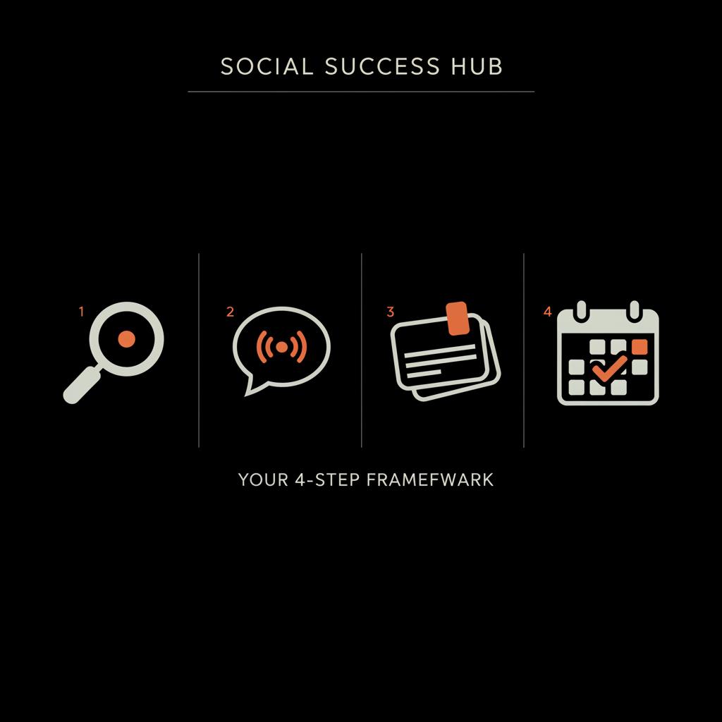 Can I recover my old emails? Minimal full-frame flat vector infographic showing four step icons (clarity, voice, stories, routine) on black background with Social Success Hub palette.