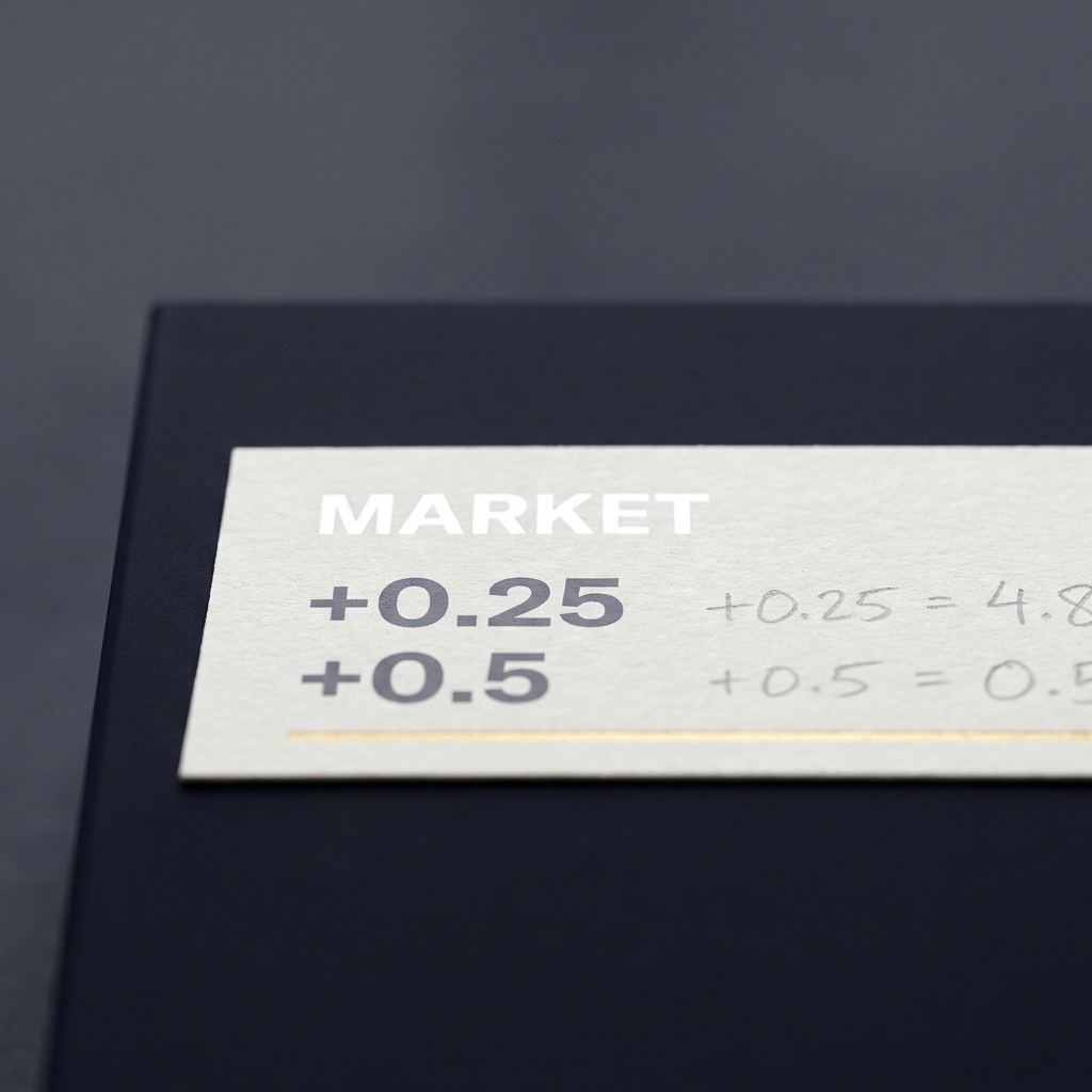 Close up of a betting market label showing plus 0.25 and plus 0.5 with handwritten calculations to illustrate How Asian Handicaps Work in a minimalist Funded Plays style on a dark background