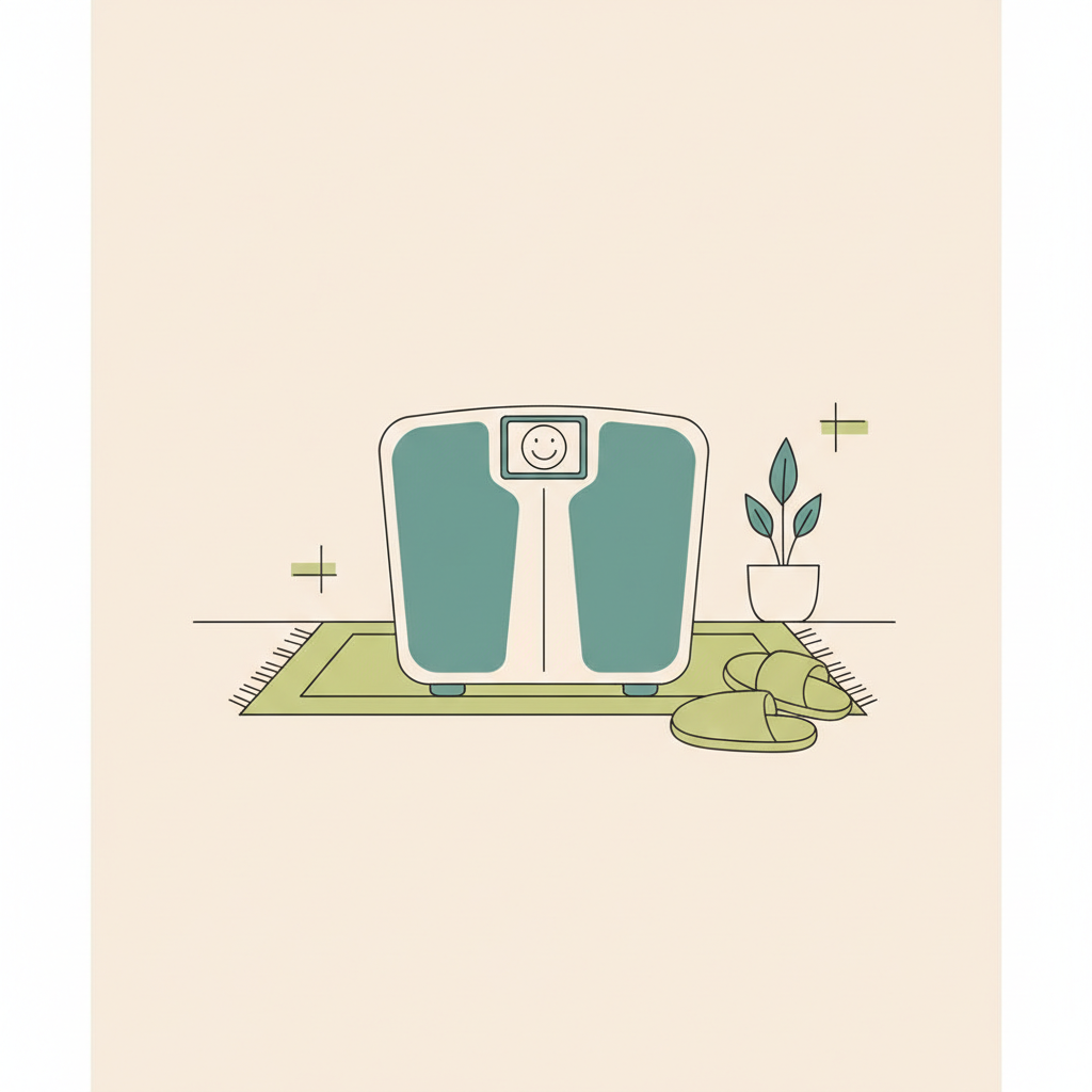 Minimalistische 2D-Vektorillustration: Waage mit Smiley-Display und gemütlichen Pantoffeln daneben in erdigen, beruhigenden Farben (Hintergrund #F7EDE6, Akzente #4A9A9E) — welche übungen für frauen ab 50