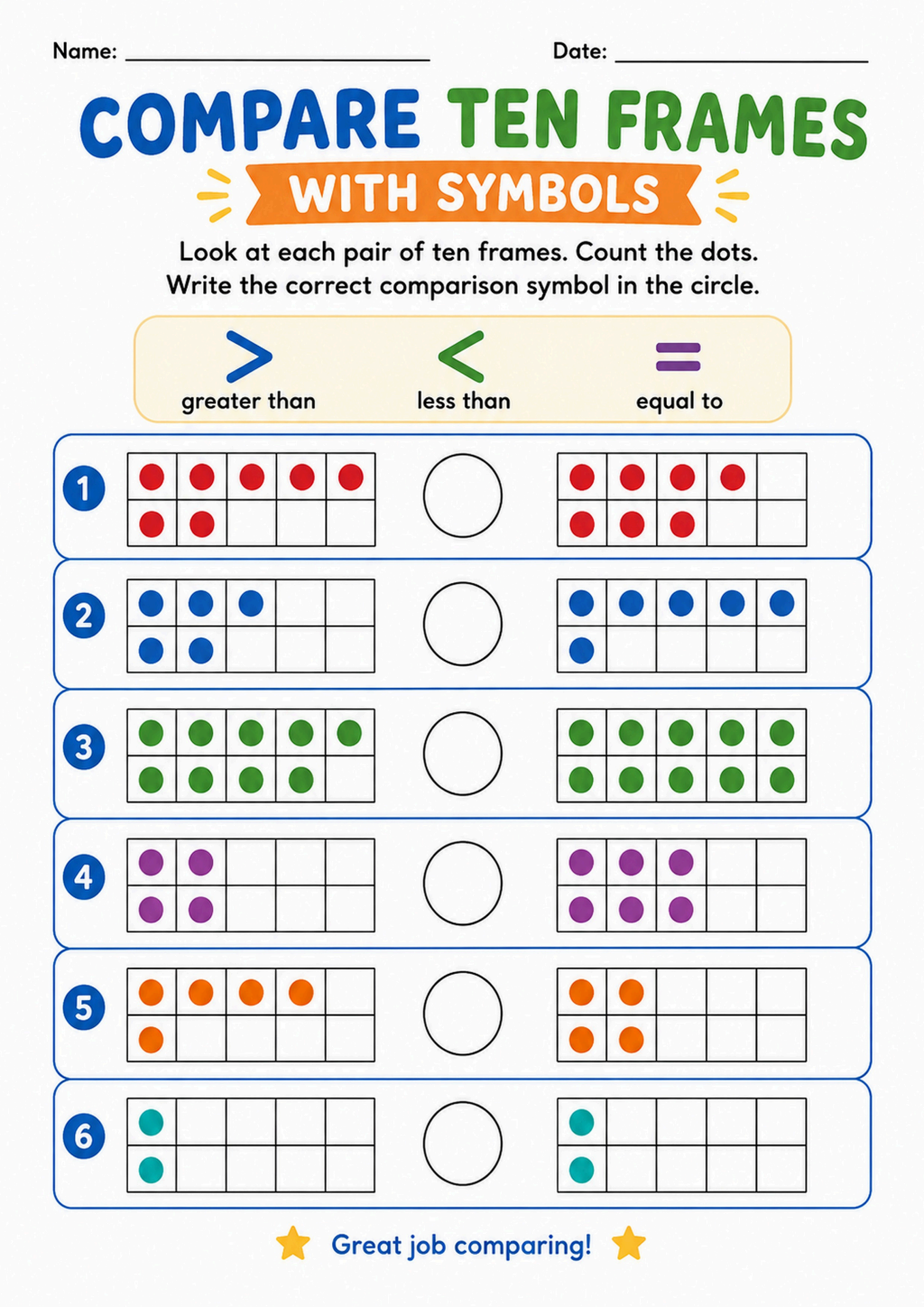 Compare Ten Frames with Symbols Worksheet