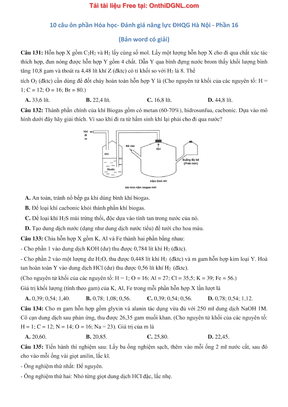 260 bài tập môn Hóa học - Ôn thi ĐGNL ĐHQG Hà Nội Phần 16