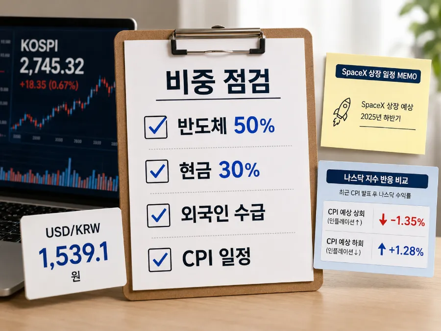반도체 비중, 외국인 순매도, 원달러 환율, 미국 물가 지표를 순서대로 점검하는 본문이미지