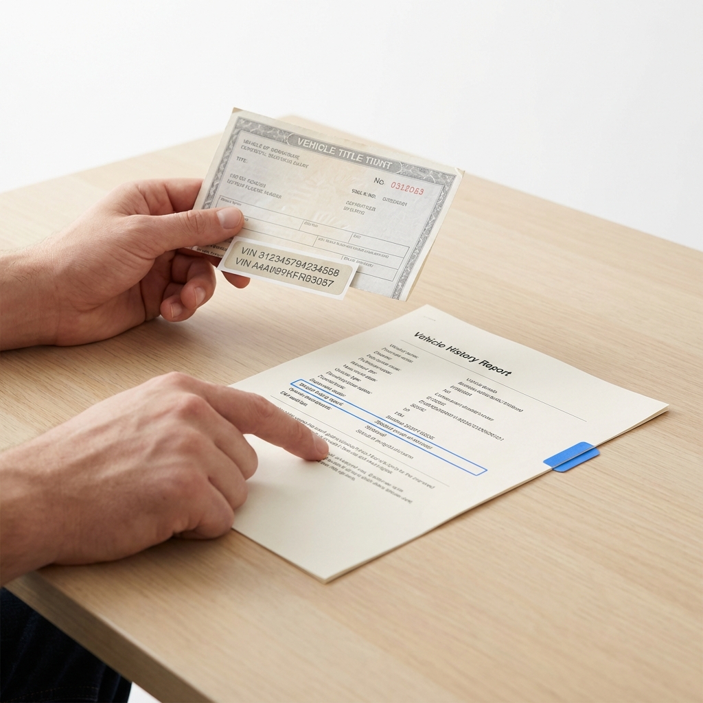 Car title and VIN sticker beside a vehicle history report on a wooden table with one line highlighted in brand blue 3666ed showing red flag rule for car dealers