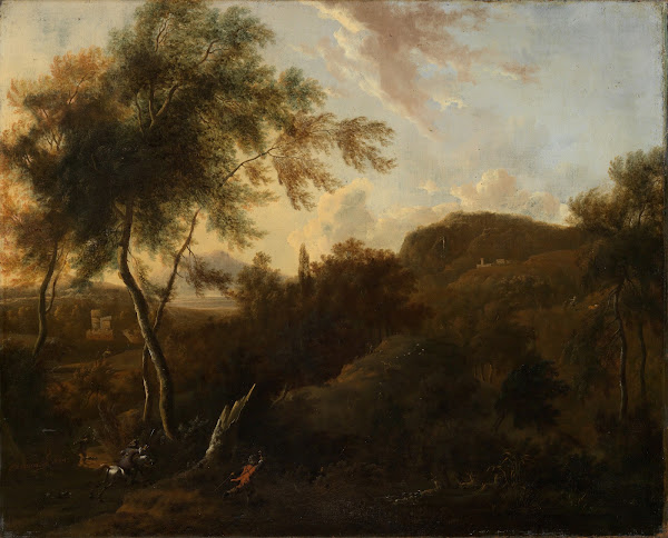 Südliche Landschaft mit einem Jäger auf Hirschjagd 1674
