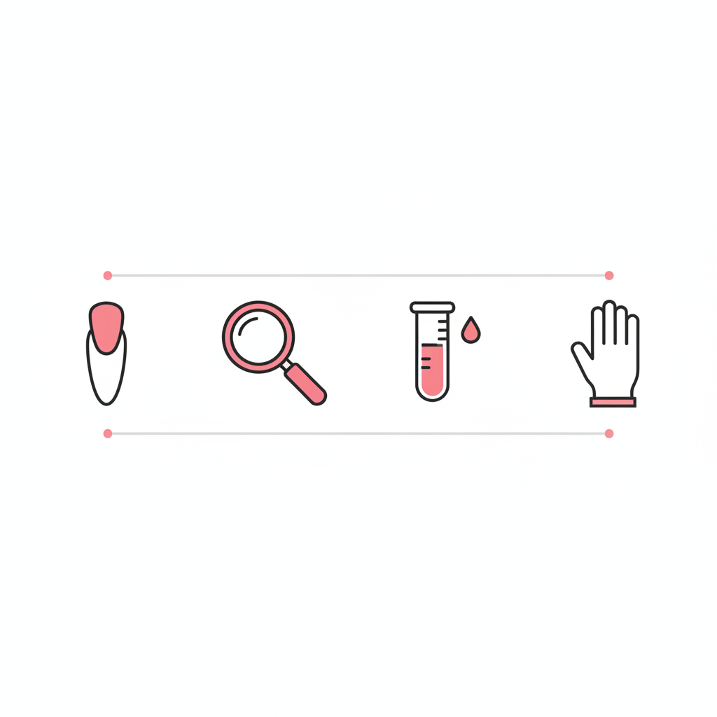 Minimalistische Vektor-Infografik zu Nagelveränderungen mit vier Icons (Nagel, Lupe, Ferritin-Röhrchen, Handschuh) auf weißem Hintergrund.