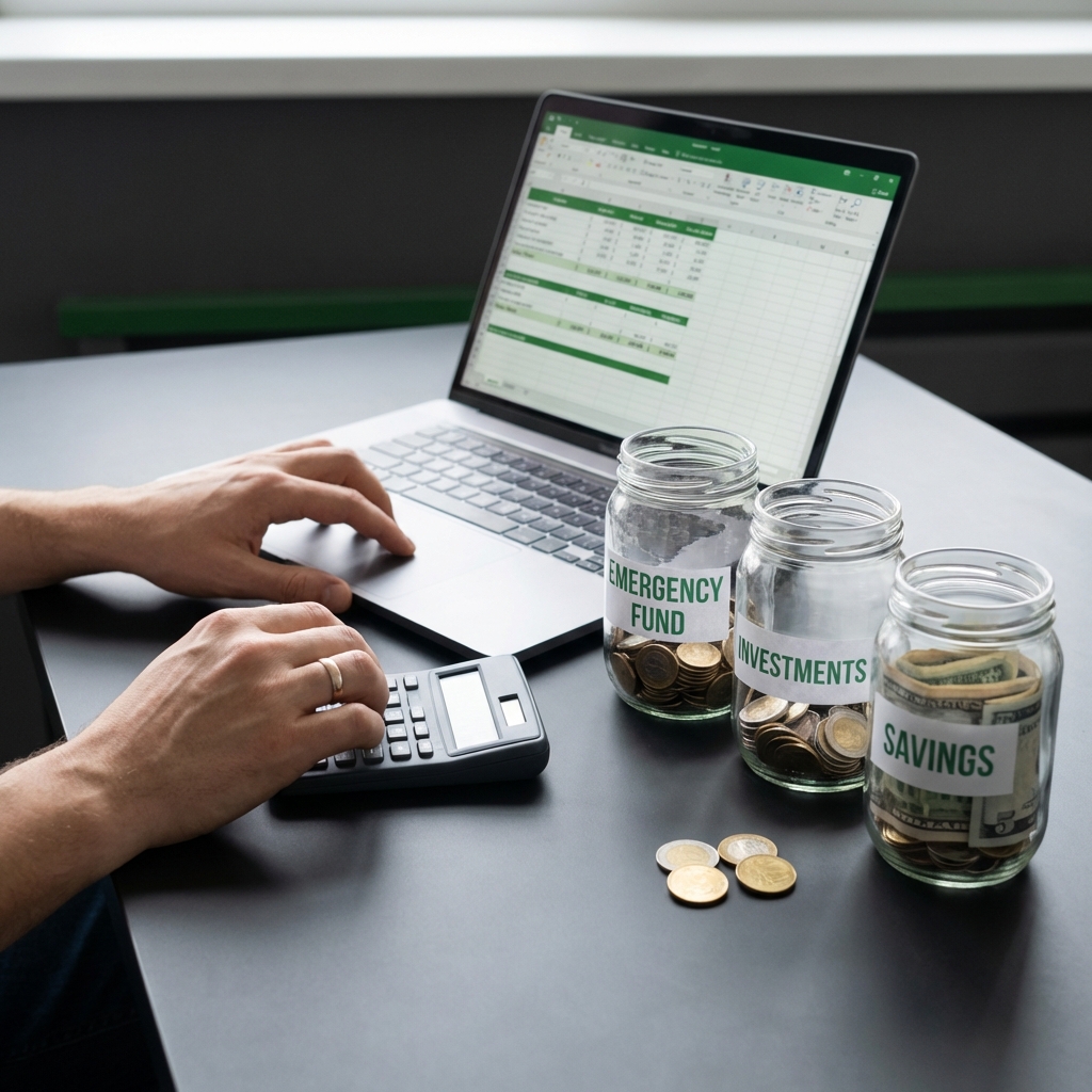 Close up of hands calculating a budget with labeled savings jars emergency fund and investments next to a laptop on dark background wealth building strategies