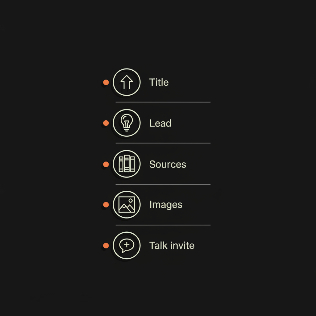 Minimal vector infographic checklist showing title, lead, sources, images and talk invite for how to add a new page in fandom on a black background.