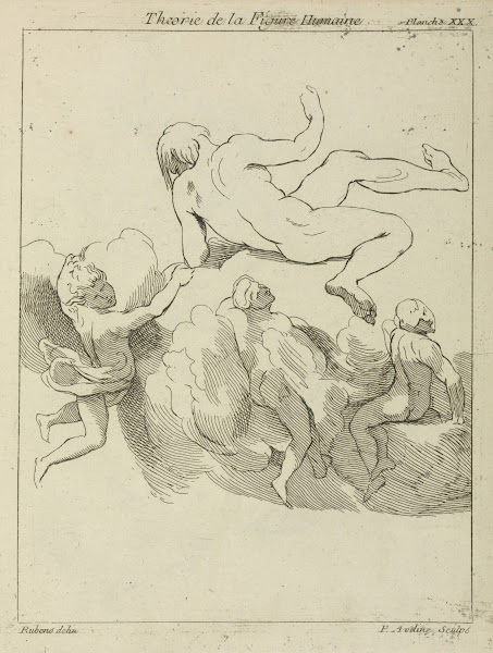 Four figures in floating positions three amidst clouds