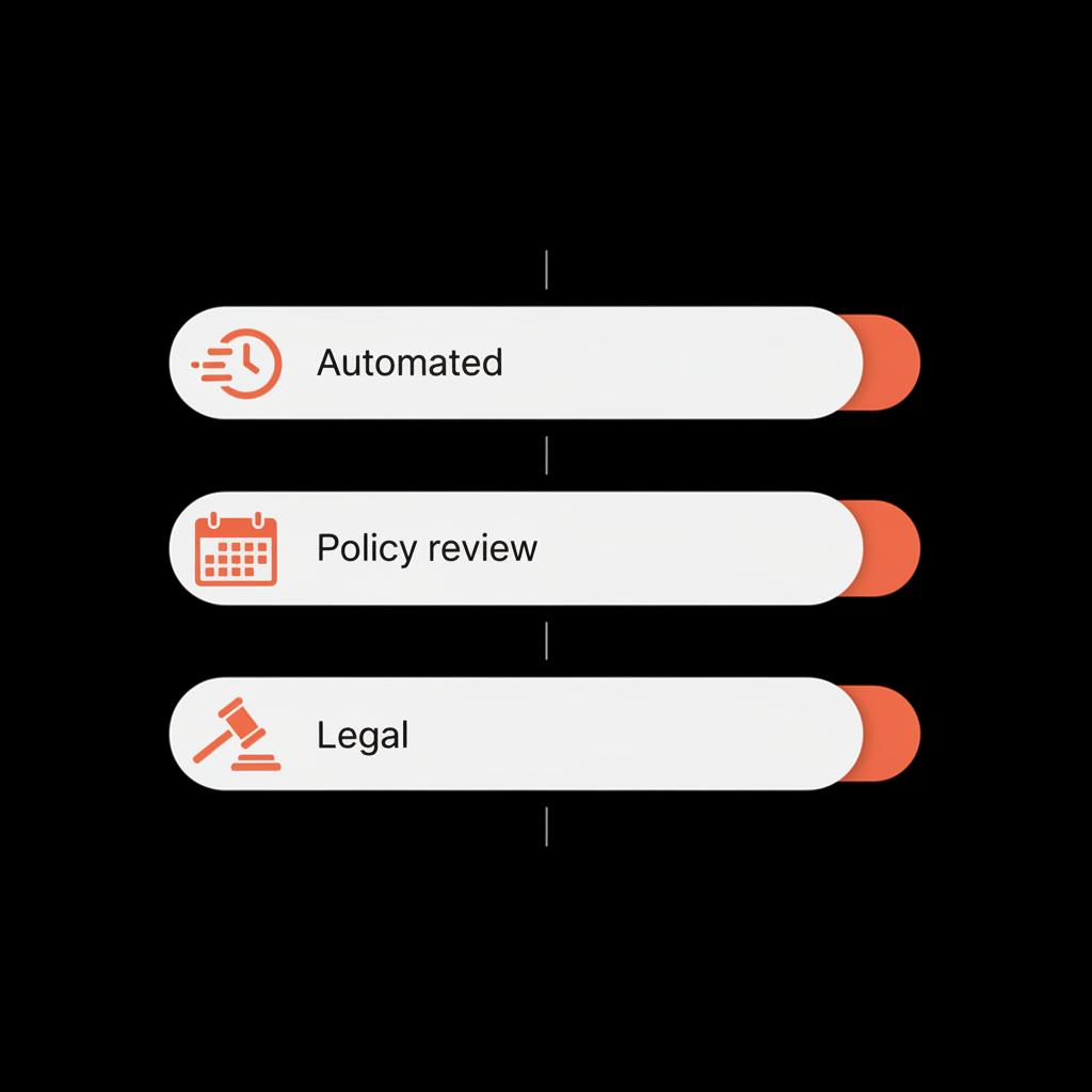 Minimal 2D vector infographic with three stacked bars and icons (stopwatch, calendar, gavel) indicating short, medium, long removal times — how long does it take Google to remove a bad review