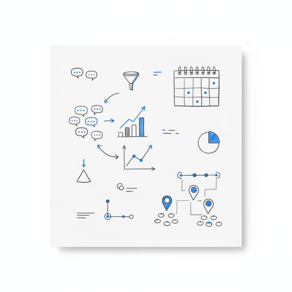 Flat-lay vector planner page showing sketches linking customer reviews to sales charts, calendar outreach timing and location pins &mdash; best reputation management software