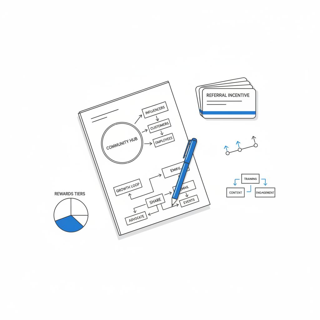 Minimalist 2D vector flat-lay of a planning desk with notebook sketches mapping a brand ambassador program, blue pen, and a tidy stack of referral cards on white background.