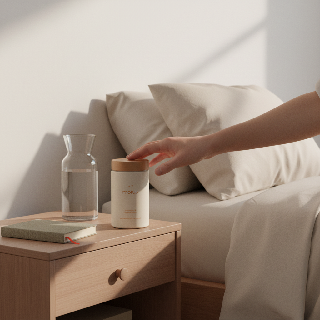 Minimal bedside morning scene with Tonum Motus supplement jar beside a water carafe and notebook, hand reaching for it, minimalist lifestyle promoting sustainable health.