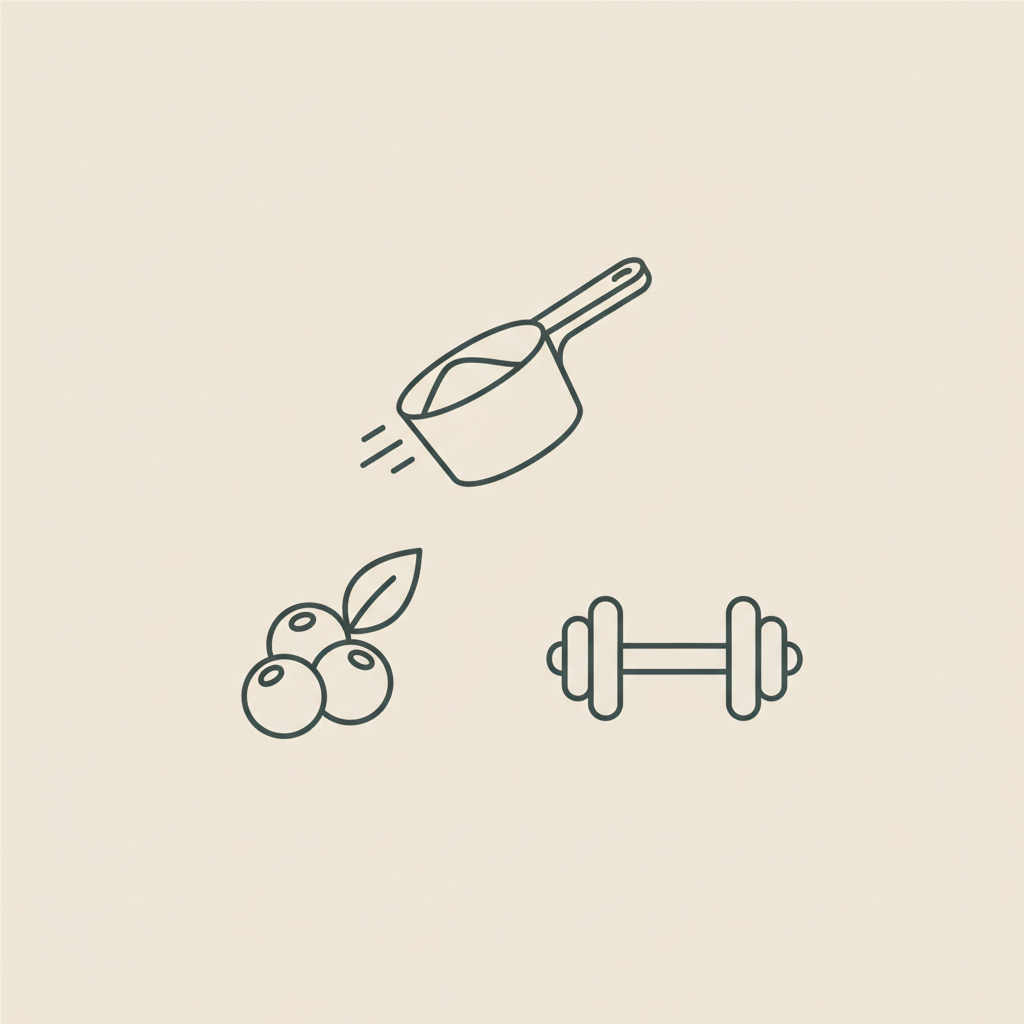 Minimalist line illustration of a protein scoop, small cluster of berries and a dumbbell on beige background representing protein shakes belly fat and healthy weight management.