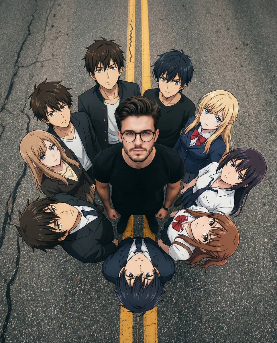 Escena cinematográfica de anime con un grupo híbrido de la vida real.