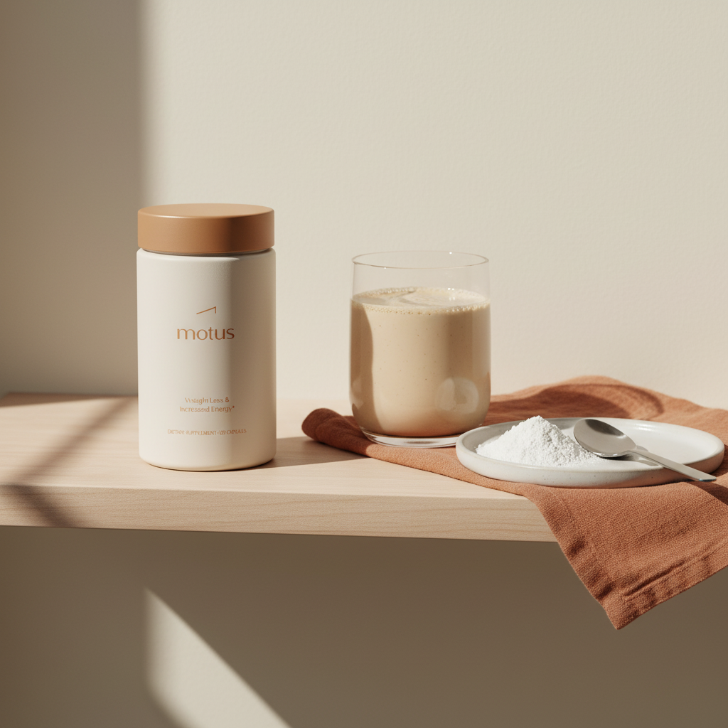 Minimalist scene of Motus supplement jar beside a glass protein shake, measured scoops and spoon on a wooden shelf, promoting protein shakes for weight loss.