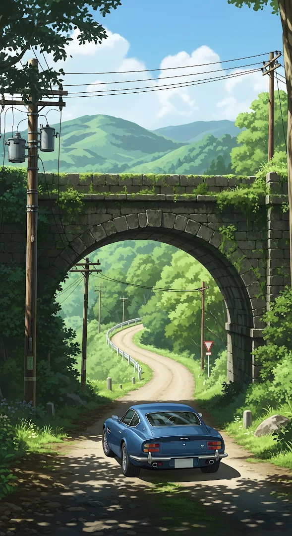 Anime Country Road Vintage Car Stone Arch Ghibli Style