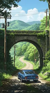 Anime Country Road Vintage Car Stone Arch Ghibli Style