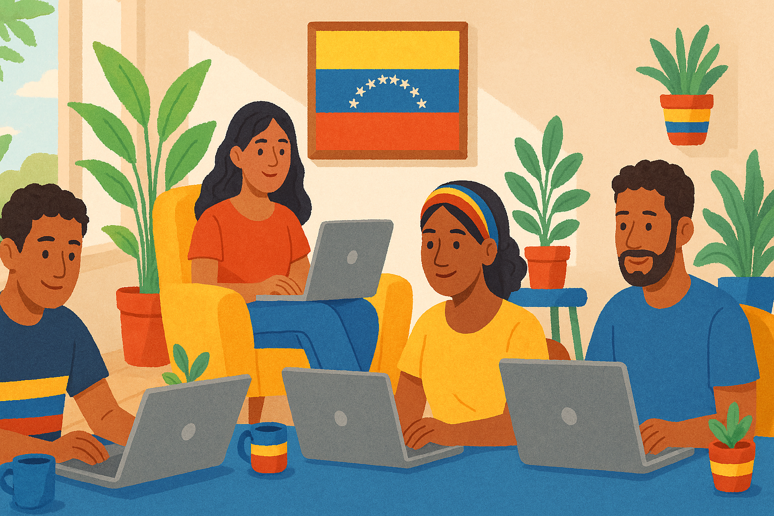 Trabajo remoto venezolanos con laptop y ambiente de empleo digital para la diáspora