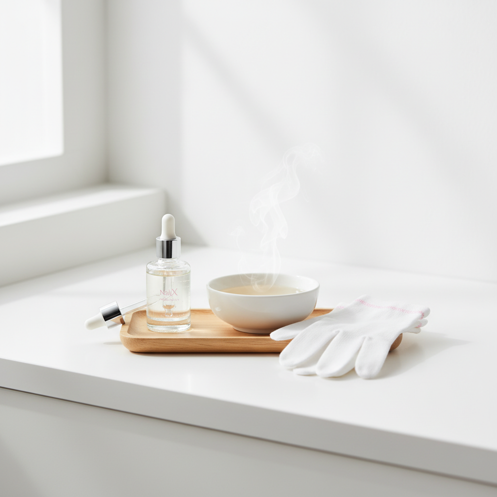 Minimalistisches Badezimmer-Set mit offenem Nagelöl, Schale mit warmem Wasser und weißen Baumwollhandschuhen – Routine, Nägel gesund wachsen lassen