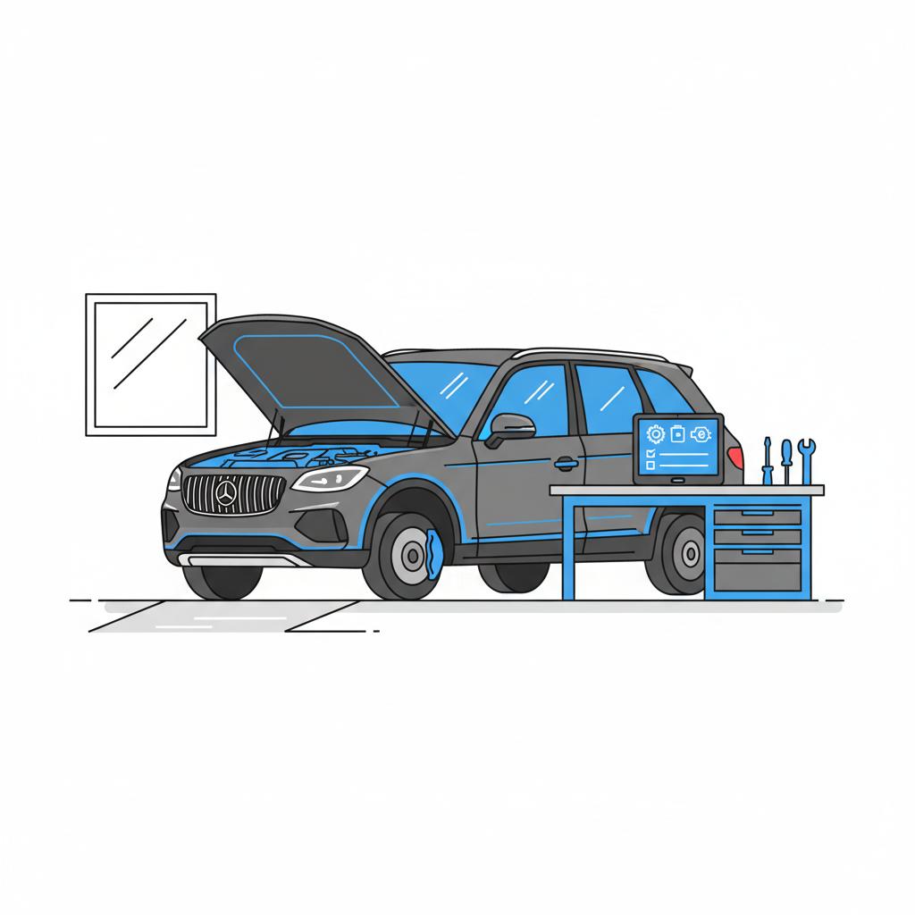 Minimalist 2D vector of a generic SUV with open hood next to a tablet and tools representing inspection for range rovers for sale on a white background