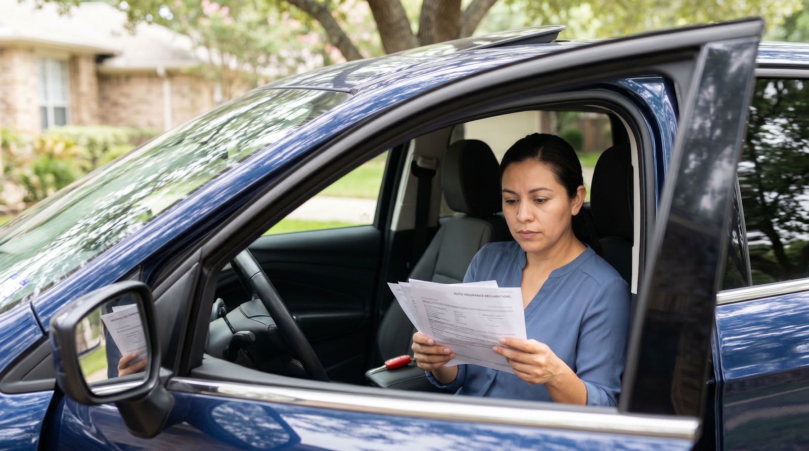 Mujer revisando su póliza de seguro auto prestar carro amigo texas antes de prestar su SUV en Texas
